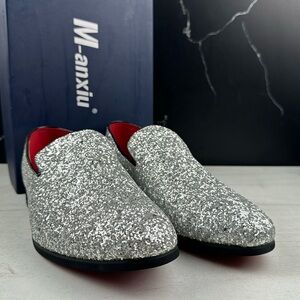 M-anxiu Men’s Loafers Silver Glitter sz 9.5